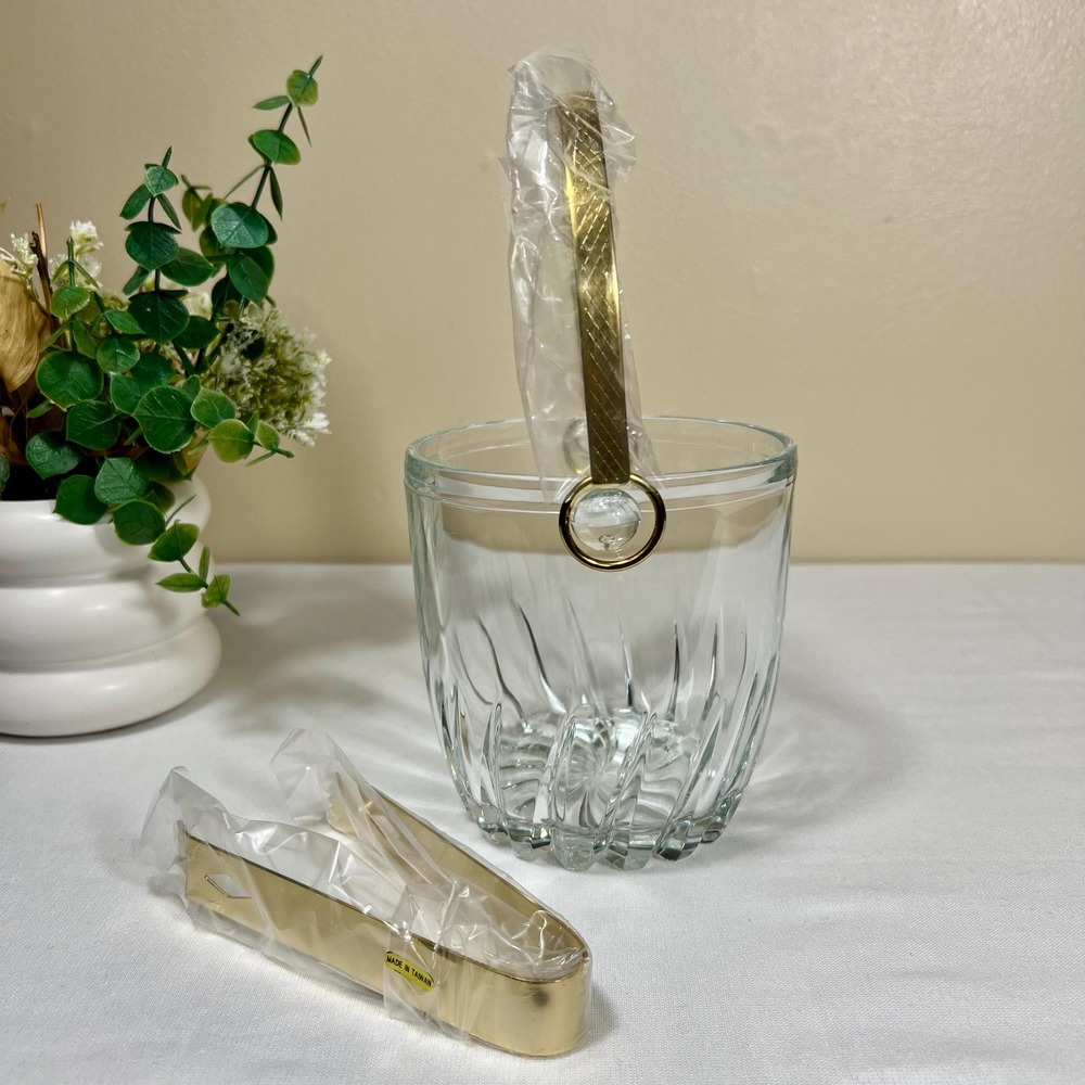 Vintage Crystal Oneida Ice Bucket with Gold Tongs | New without Box - Picture 4 of 10